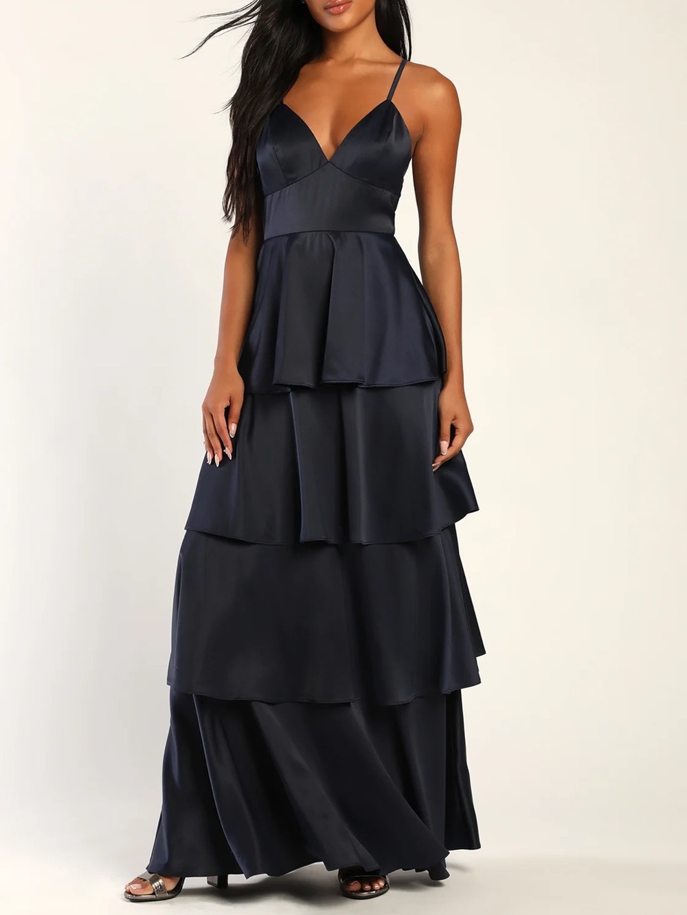 Lulu's Navy Satin Tiered Maxi Dress